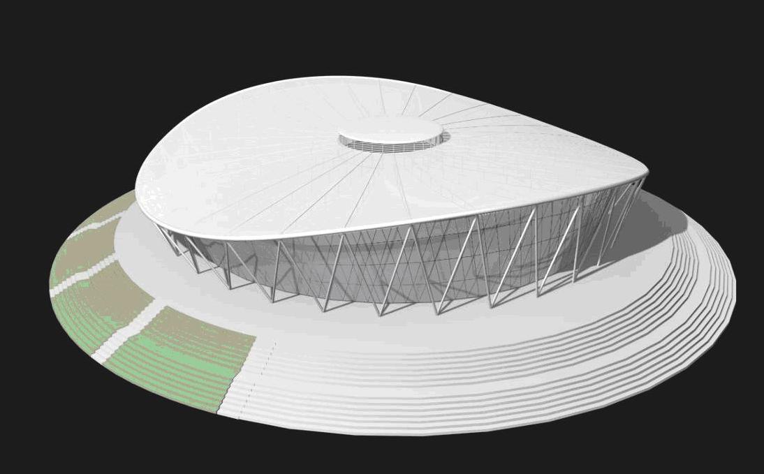 圆形屋顶由外圈直径157米的压缩环形平面、半径32米的索桁架和两个内圈直径34米的张拉环组成。张拉环的最高点和最低点相差13米，通过波浪起伏的倾斜式连接，整个屋顶形成了一个鞍状结构。